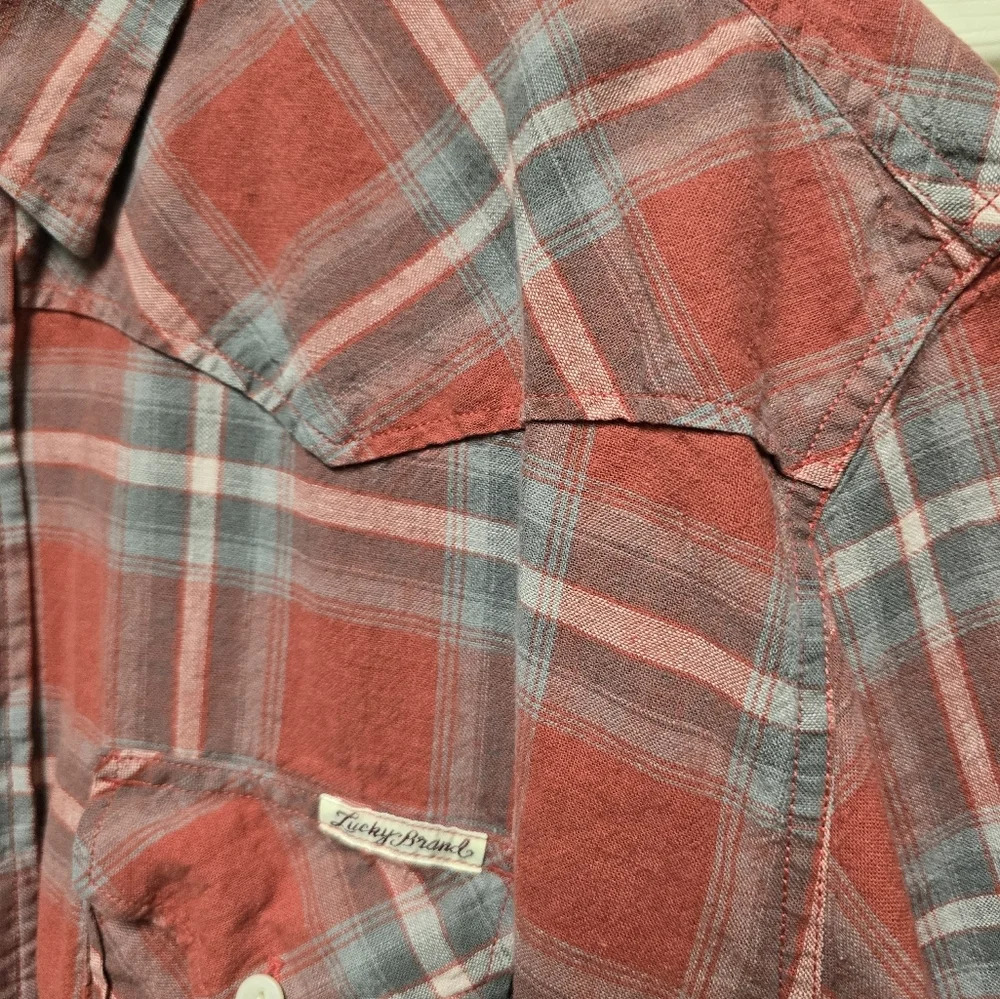 Lucky Brand Shirt Mens 2XL Red Plaid Western Pearl Snap Button Short Sleeve - Picture 6 of 11